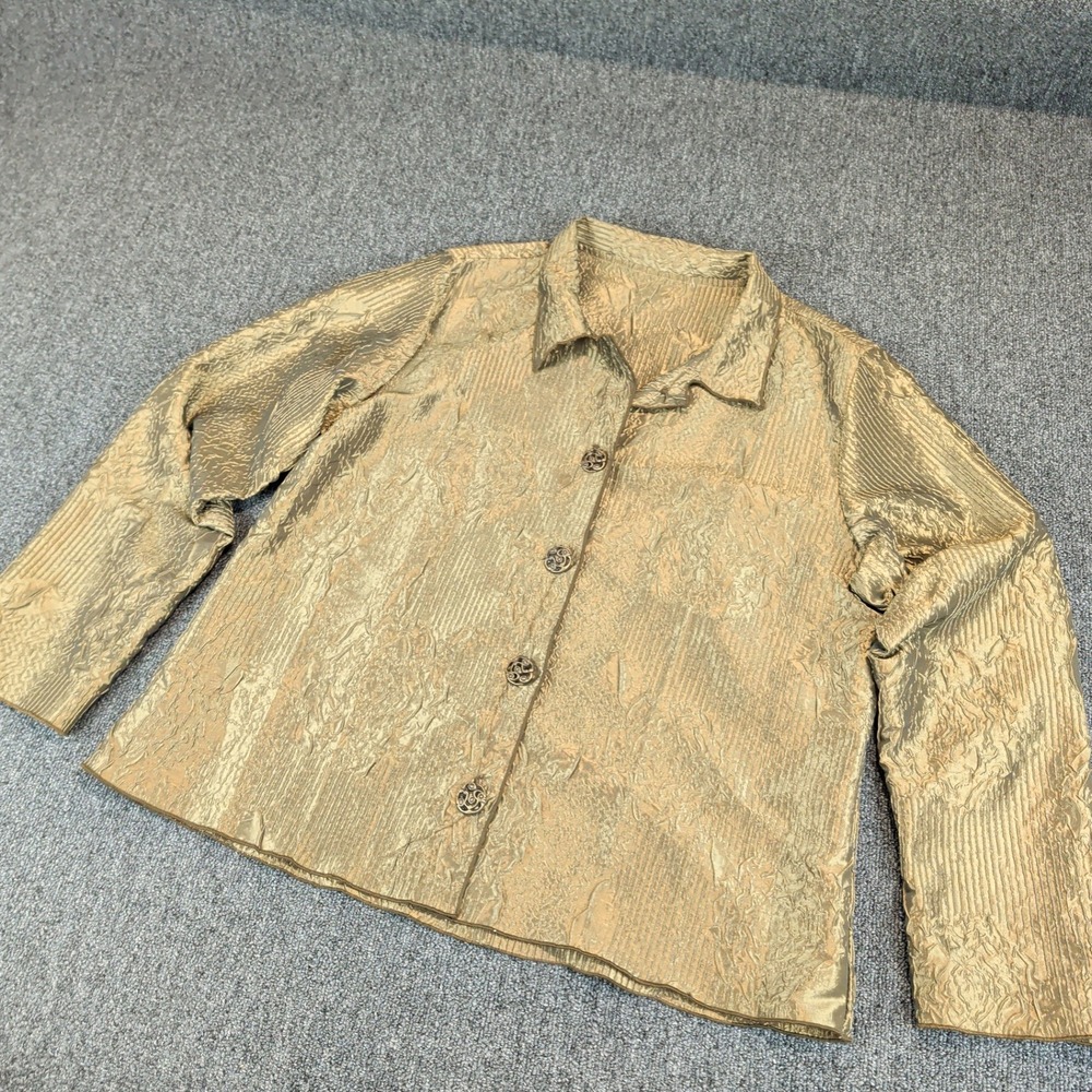 Winding River Womens Blouse XL Gold Rayon Crinkle Metallic Button Up Vintage USA